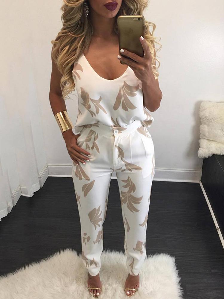 

Stylish Printed Spaghetti-strap Print Pant suit, Coffee
