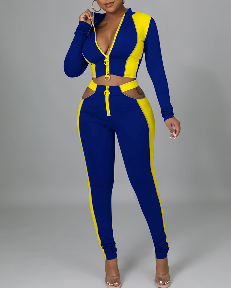 

Colorblock Zipper Deign Coat & Cutout Pants Set, Blue