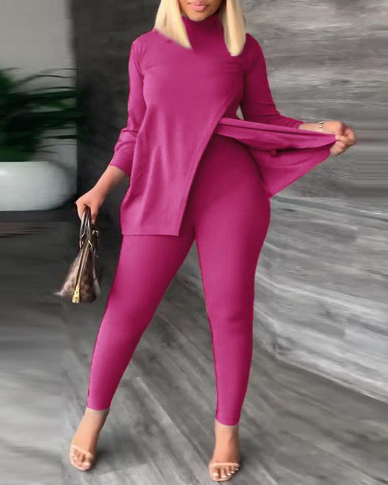 

Plus Size Split Hem Top & Pants Set, Hot pink