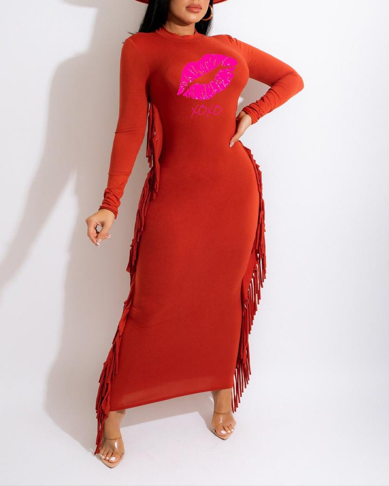 

Lip Letter Print Tassel Trim Long Sleeve Bodycon Dress, Orange