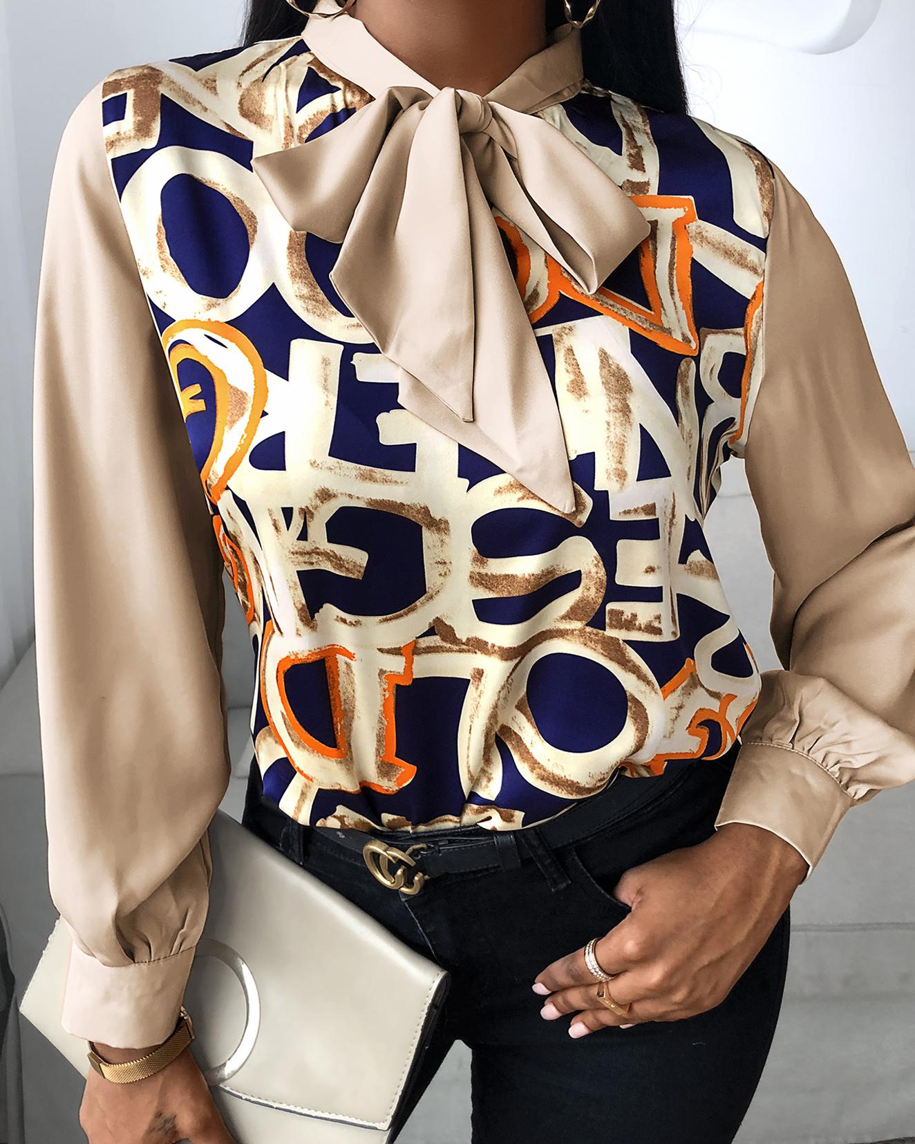 

Letter Pattern Print Lantern Sleeve Shirt, Brown