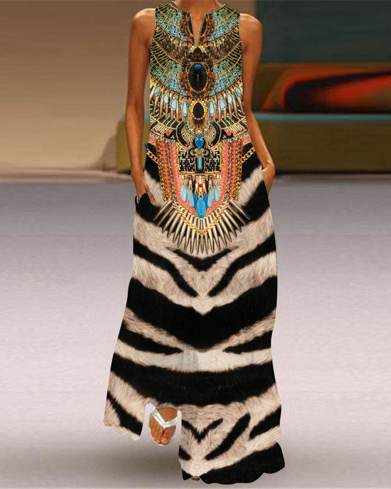 

Tribal Print Sleeveless V-Cut Maxi Dress, Black