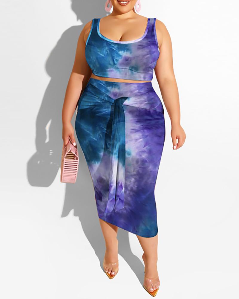 

Plus Size Tie Dye Print Thick Strap Top & Skirt Set, Blue