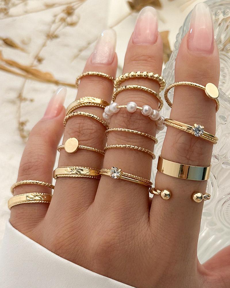 

16pcs Stackable Geometric Beaded Opening Ring & Rings Set, Gold