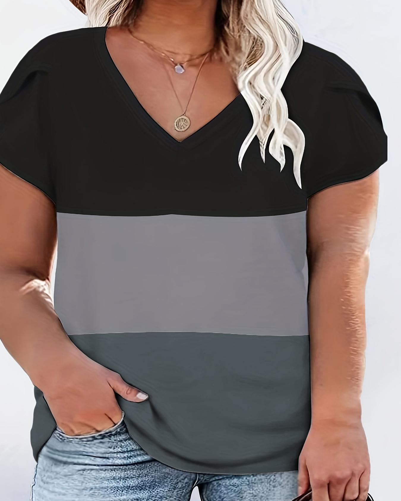 

Plus Size Colorblock Petal Sleeve V-Neck T-Shirt, Black