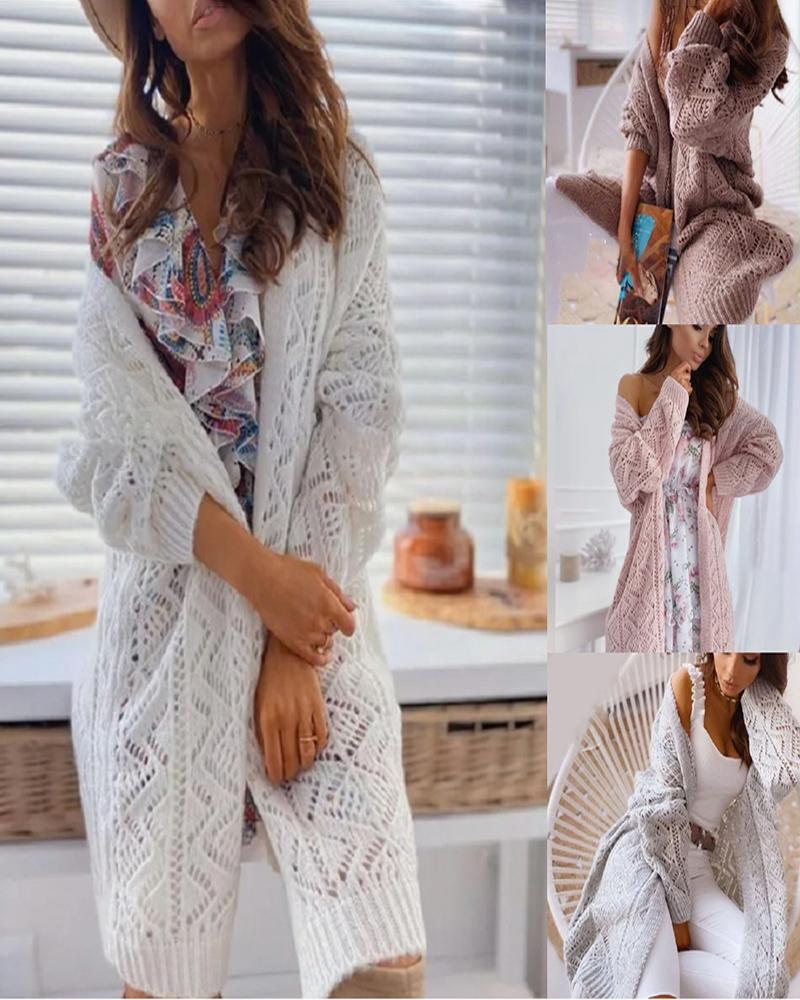 

Hollow Out Knit Logn Sleeve Cardigan, White