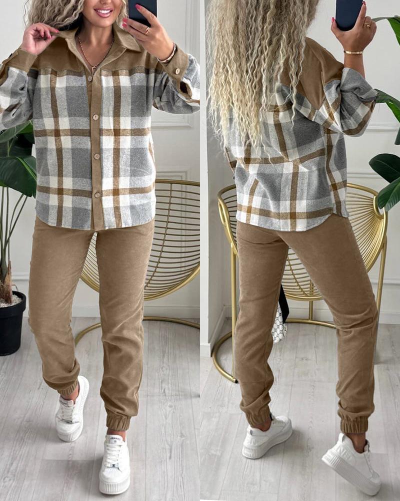 

Conjunto de 2 piezas con estampado a cuadros, cuello vuelto, botones en la parte delantera, dobladillo asimétrico y pantalones deportivos casuales con cintura elástica, Light coffee