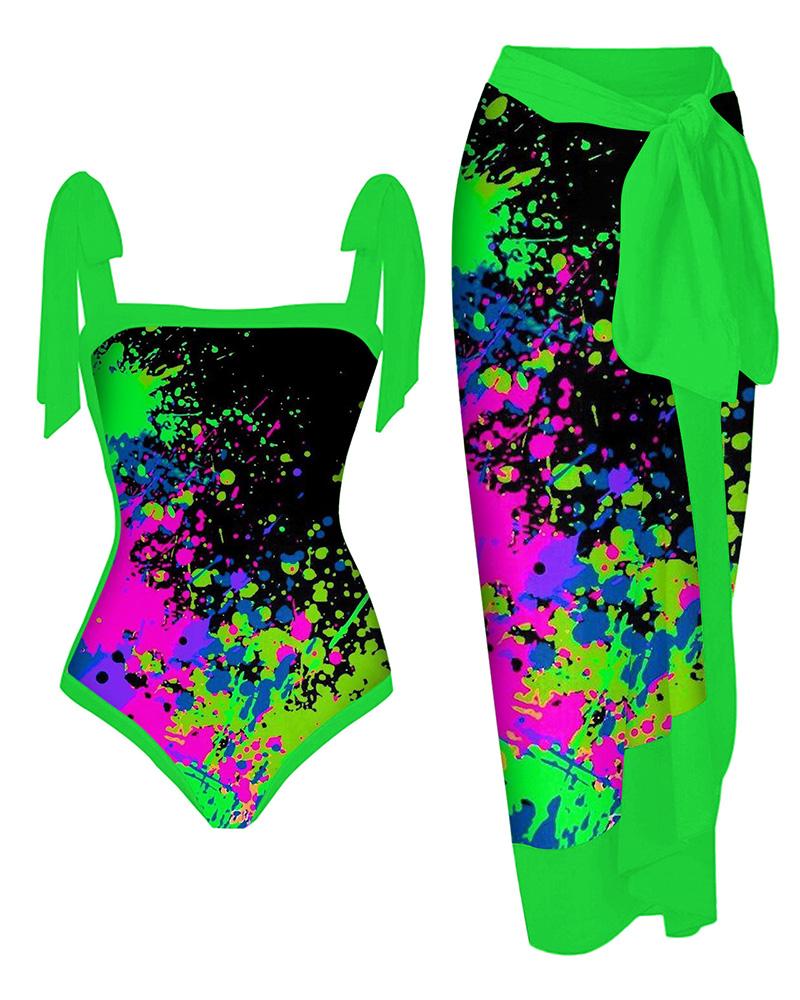 

Ink Splash Print One Piece Swimsuit With Cover Up, Green