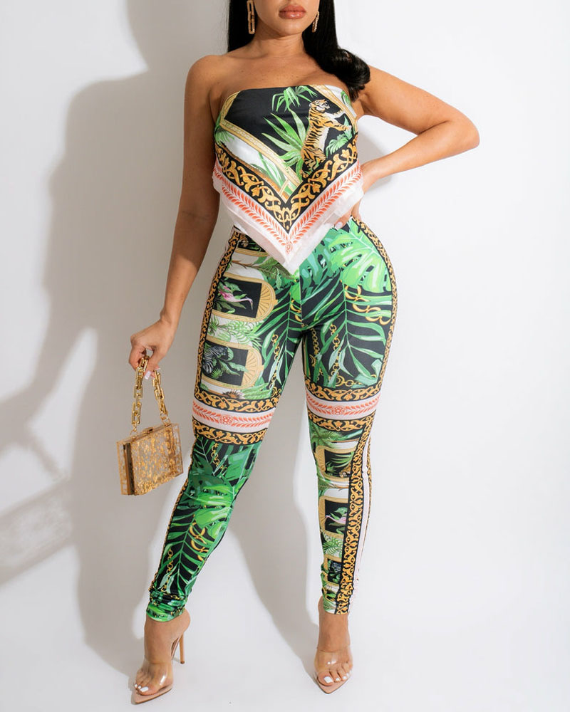 

Tropical Print Tie Back Bandeau Top & Pants Set, Green