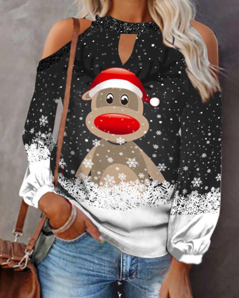 

Christmas Elk Snowflake Print Cold Shoulder Cutout Top, Black