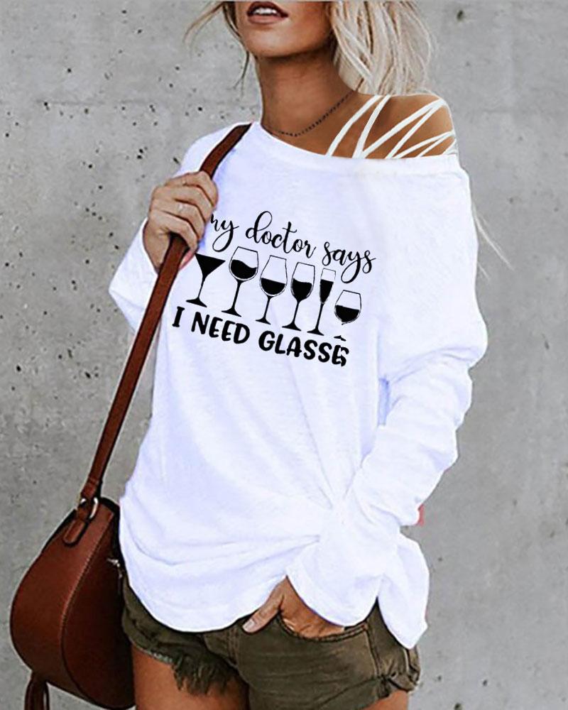 

Letter Wine Glass Print Cold Shoulder Top, White
