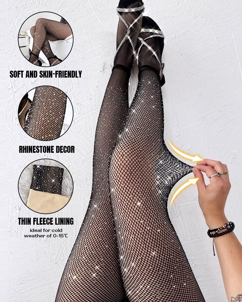 

ChicMe ShapeSculpt Rhinestone Fleece Lined High Waist Tights Sexy Sparkly Glitter Fishnets Party Concert Outfit Winer Warm Fishnet Stockings, Black