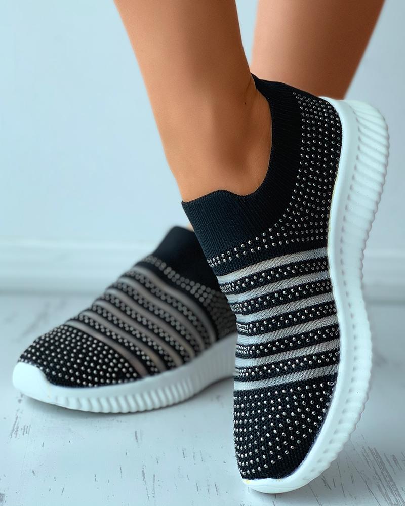 

Rhinestone Decor Breathable Knit Casual Sneaker, Black