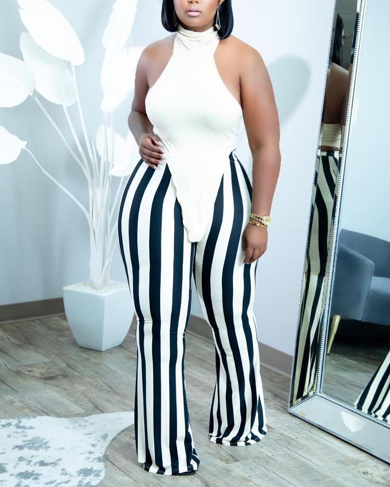 

Plus Size Hanky Hem Halter Top & Striped Print Pants Set, Blackwhite