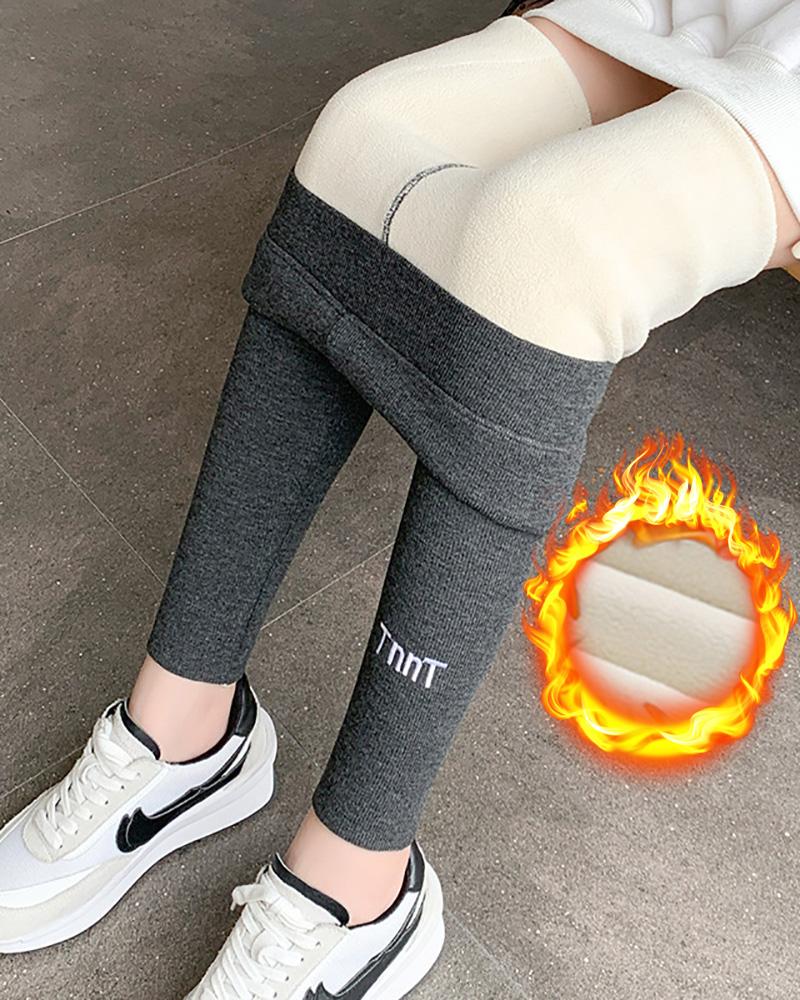

High Waist Fleece Lined Thermal Warm Letter Embroidery Leggings, Dark grey