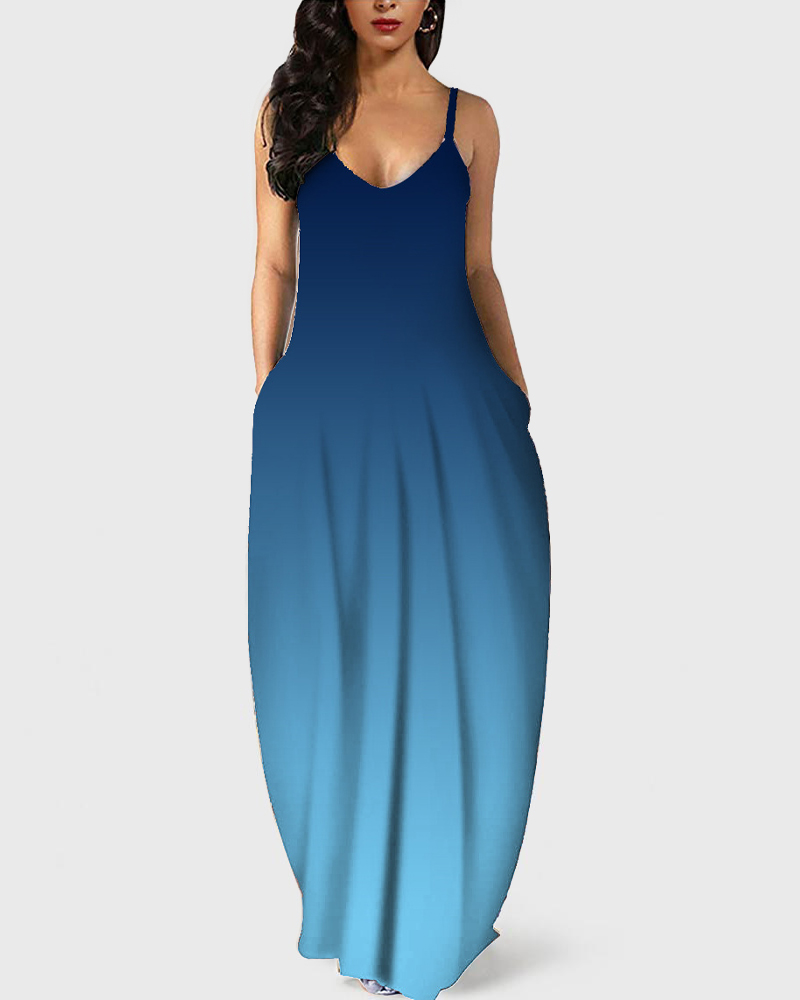 

Ombre Pocket Detail V-Neck Casual Dress, Blue