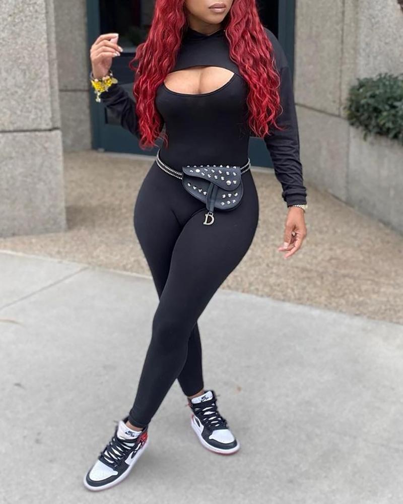 

Skinny Jumpsuit With O Neck Long Sleeve Top, Black