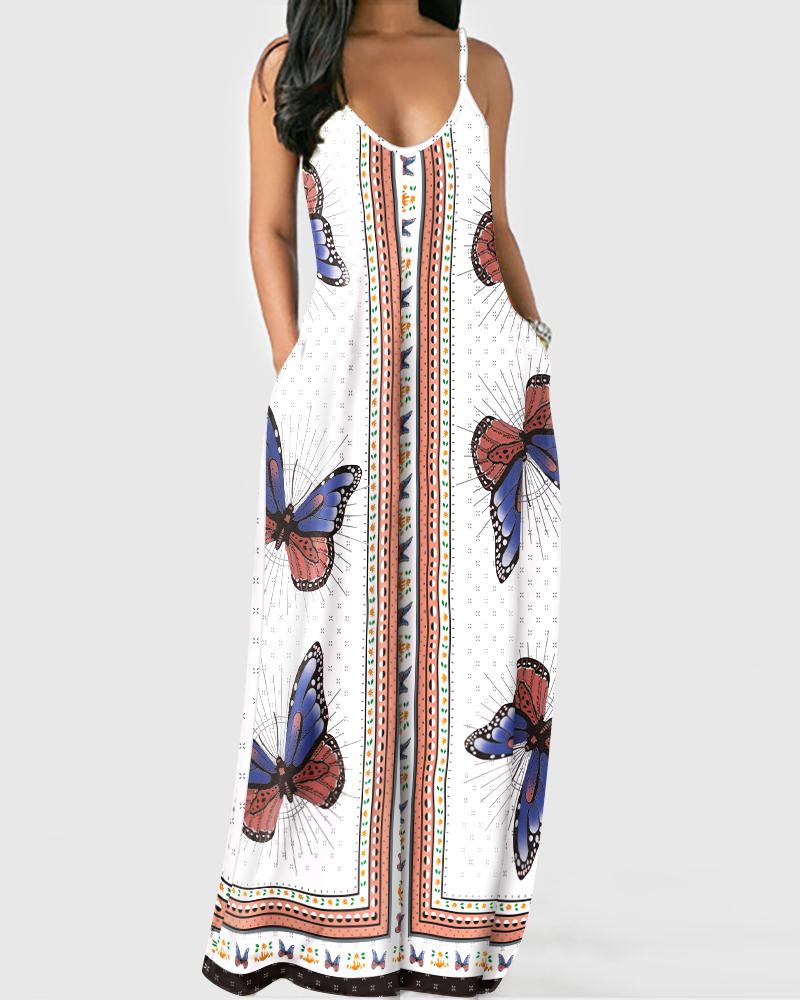 

Butterfly Print Spaghetti Strap Casual Dress, Multicolor