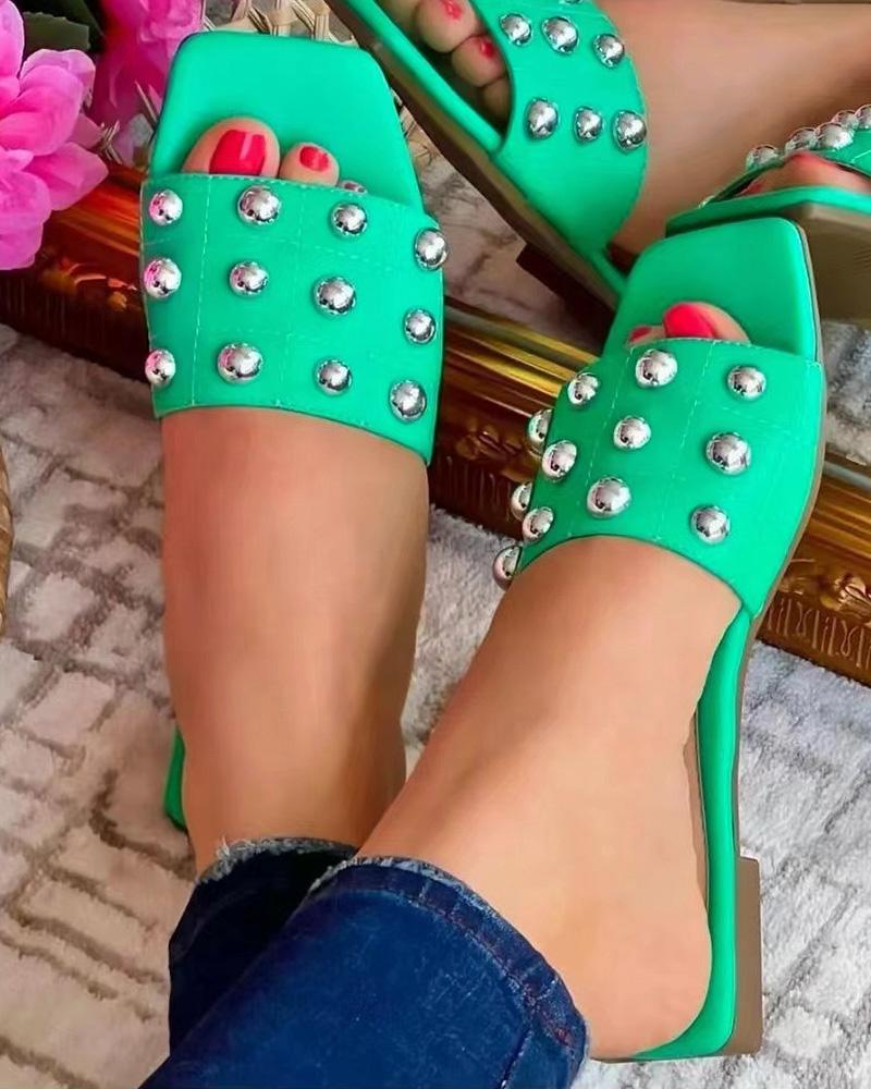 

Studded Quilted Square Toe Slippers, Green