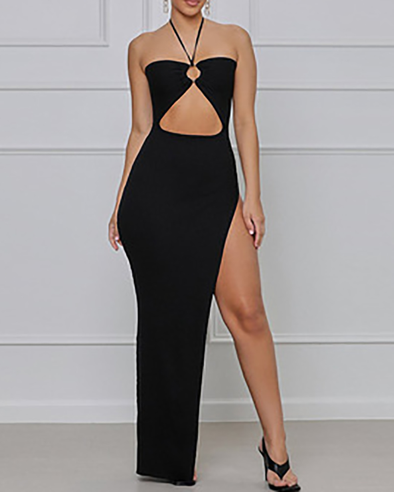 

Halter Cutout O-Ring High Slit Maxi Dress, Black
