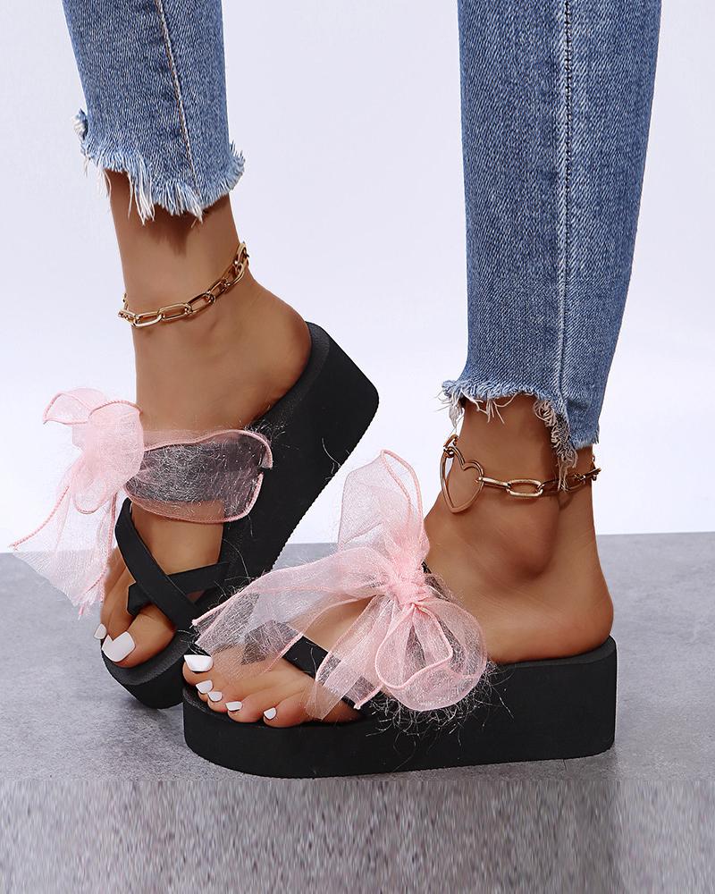 

Solid Lace Strappy Bowknot Open-toe Platform Flat Sandals, Pink
