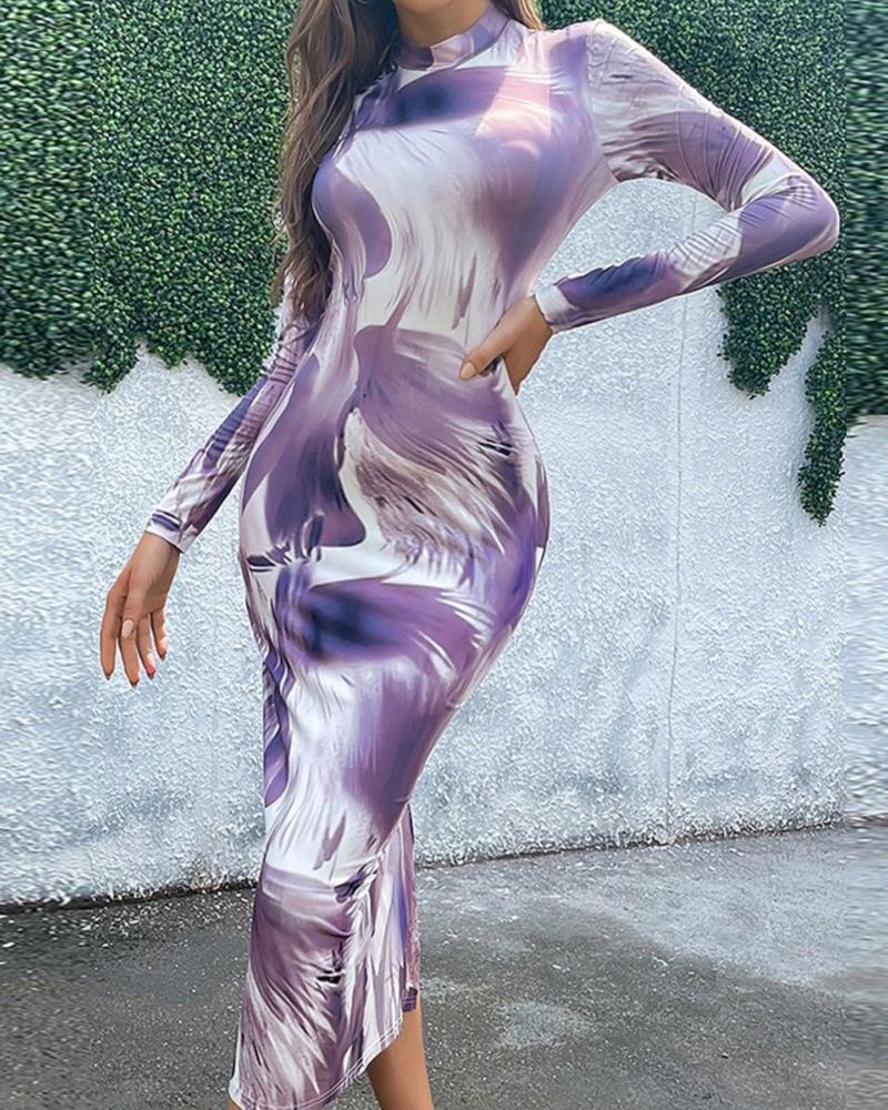

Abstract Print Split Back Long Sleeve Skinny Dress, Purple