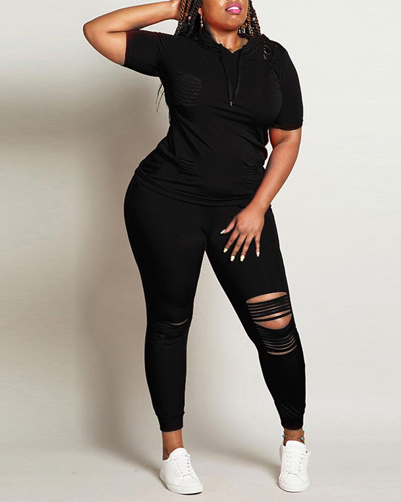 

Solid Ladder Cutout Hooded Top & Pants Set, Black