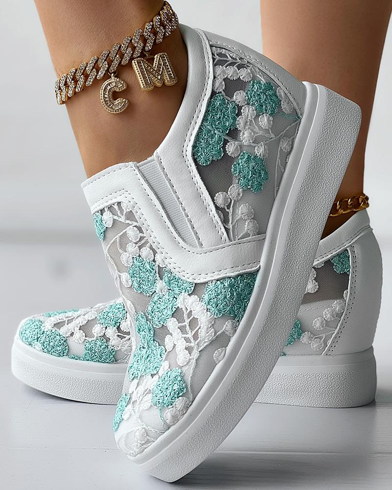 

Plants Embroidery Hidden Wedge Sneakers, White&green