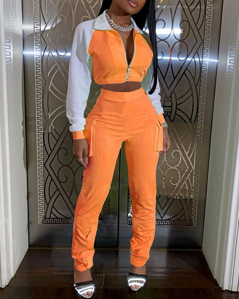 

Zip Colorblock Crop Top & Pocket Design Pants Set, Orange