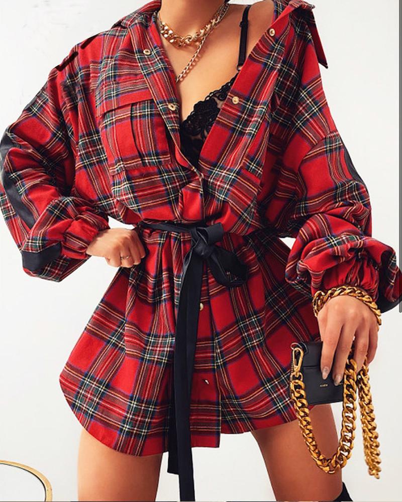 

Plaid Print Button Up Shirt Dress With Belt, Red