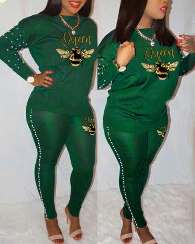 

Bee Letter Print Beaded Decor Casual Top & Pants Set, Green