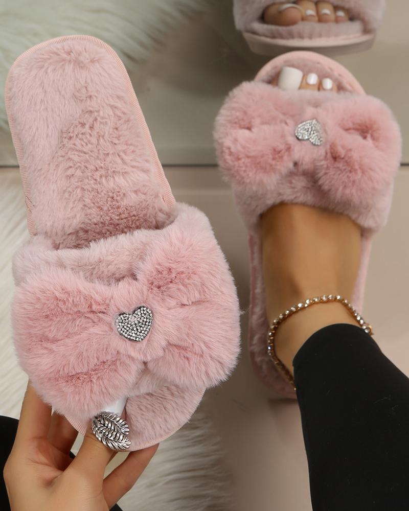 

Valentine's Day Heart Pattern Bowknot Design Fuzzy Slippers, Pink
