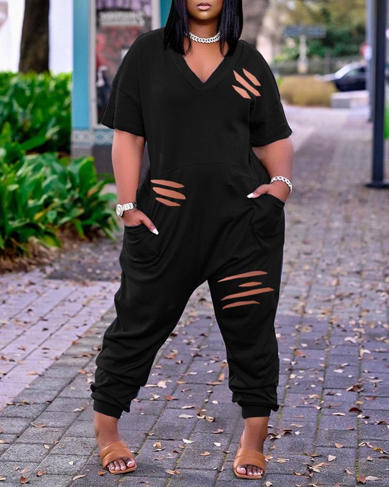 

Pocket Design Cutout Short Sleeve Jumpsuit, Black