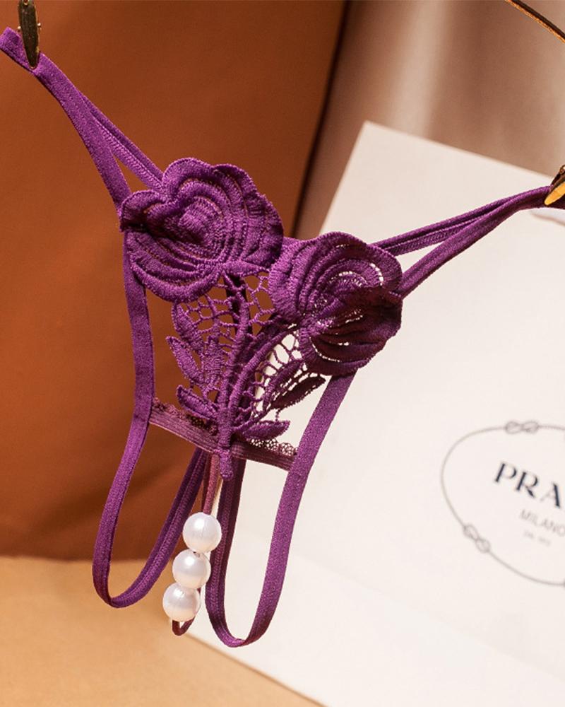 

Sexy Floral Embroidery Splicing Pearls Cut-out Panties, Purple