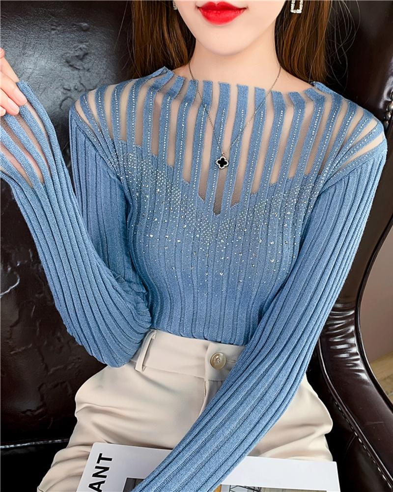 

Rhinestone Decor Contrast Mesh Long Sleeve Knit Top, Blue