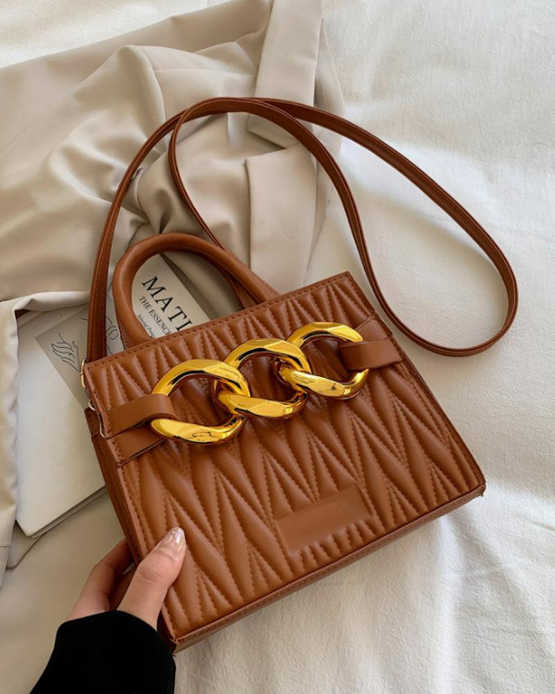 

Chain Decor Quilted Shoulder Bag With Handle, Brown