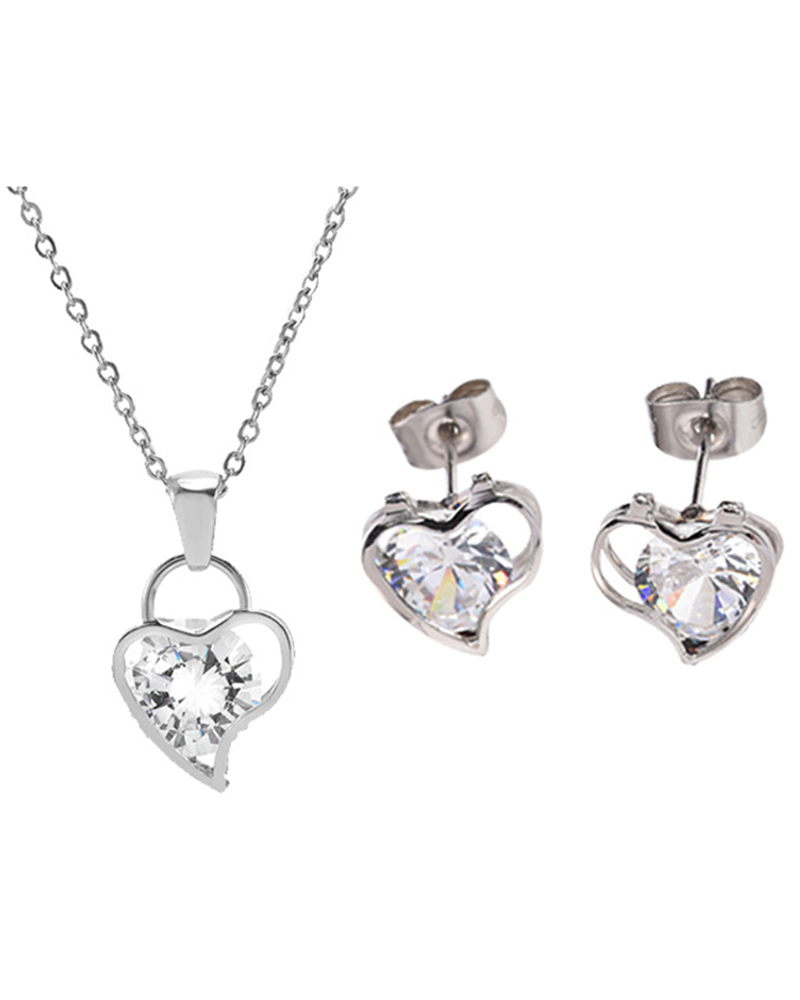 

2pcs Valentine's Day Rhinestone Hollow Out Heart Shaped Necklace & Drop Earrings Jewelry Set, Silver