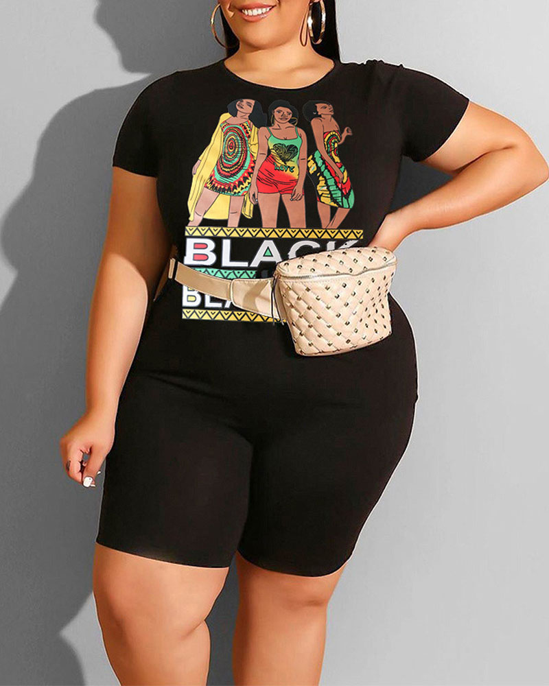 

Plus Size Figure Letter Print Top & Shorts Set, Black