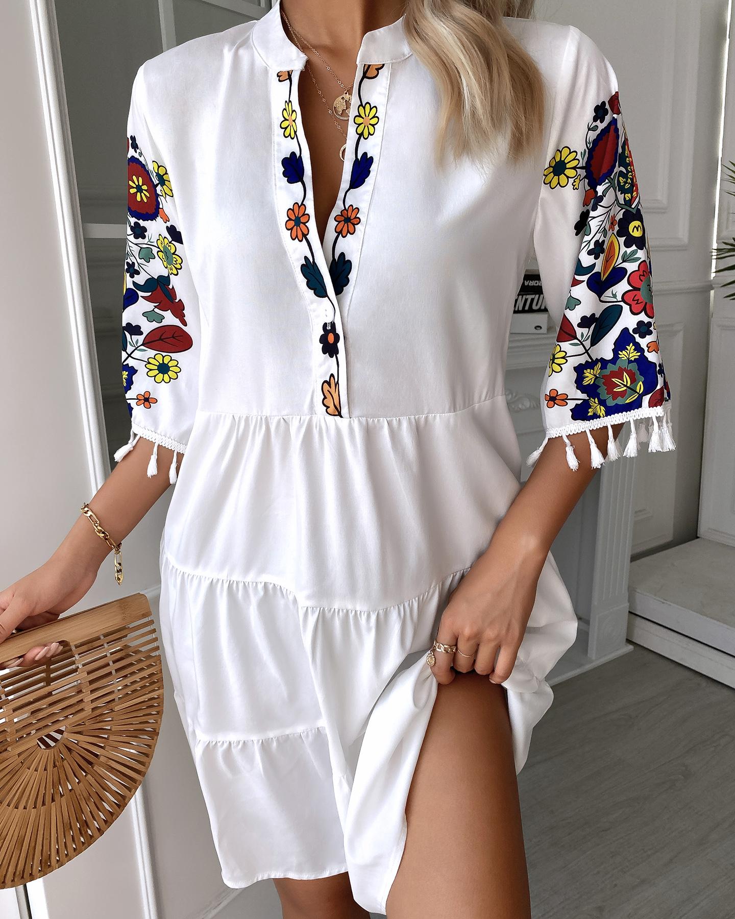 

Floral Print Tassel Design Casual Dress, White