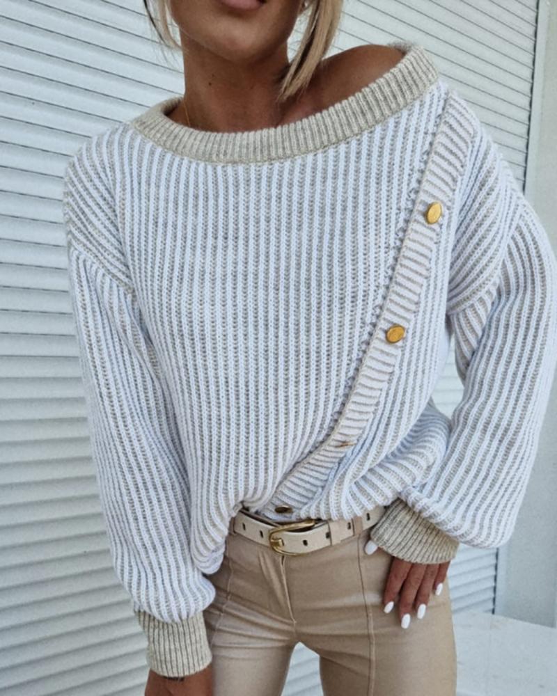 

Button Decor Long Sleeve Knit Sweater, Beige