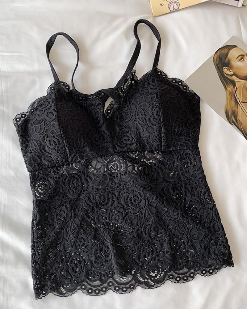 

Lace Solid Spaghetti Strap Top, Black