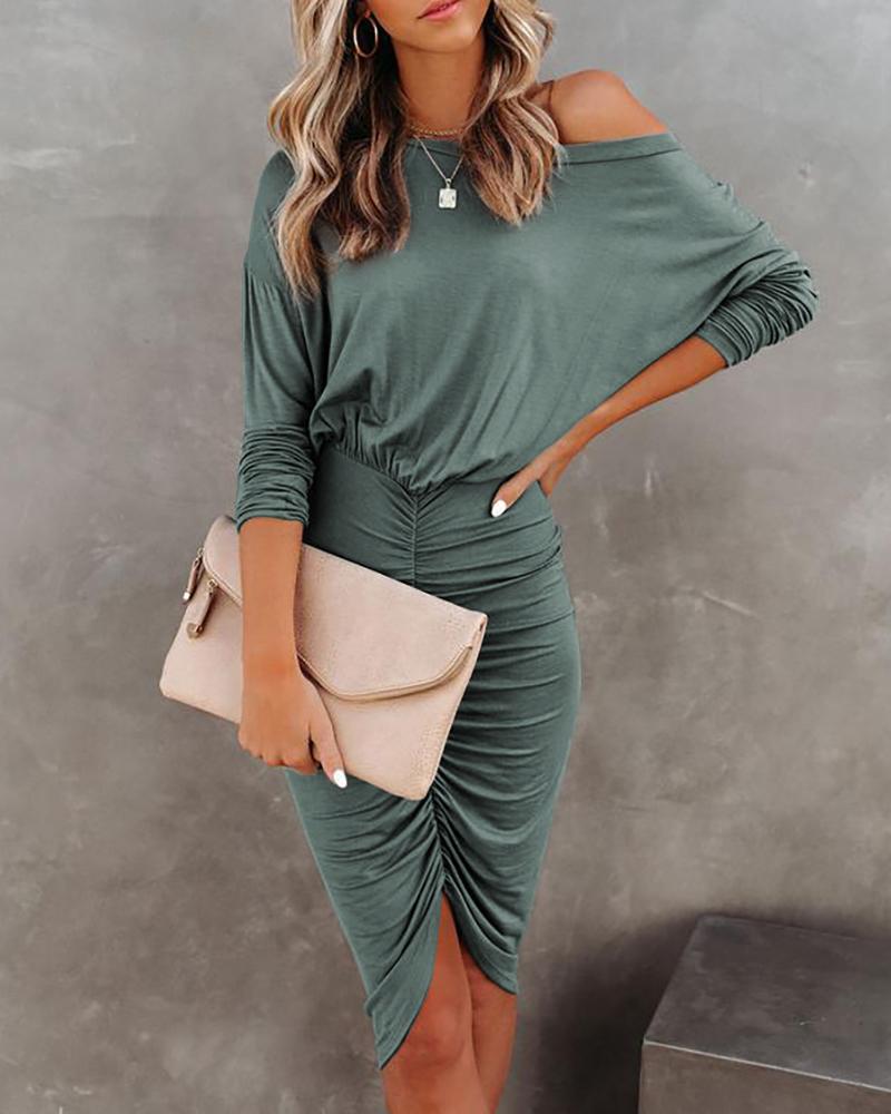 

One Shoulder Plain Ruched Bodycon Dress, Army green