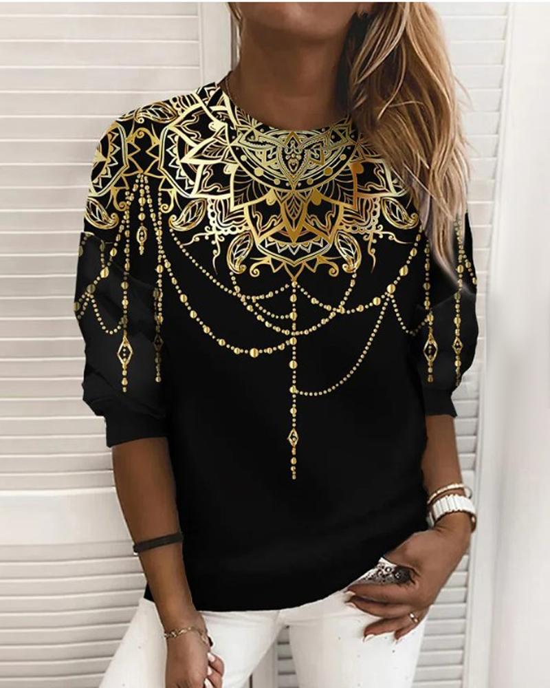 

Tribal Print Long Sleeve Casual Sweatshirt, Black