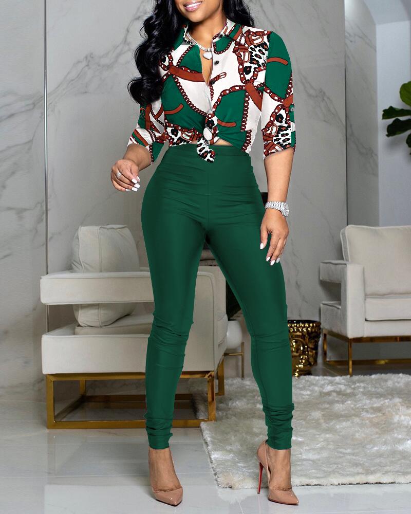 

Chain Scarf Print Button Down Shirt & High Waist Pants Set, Green