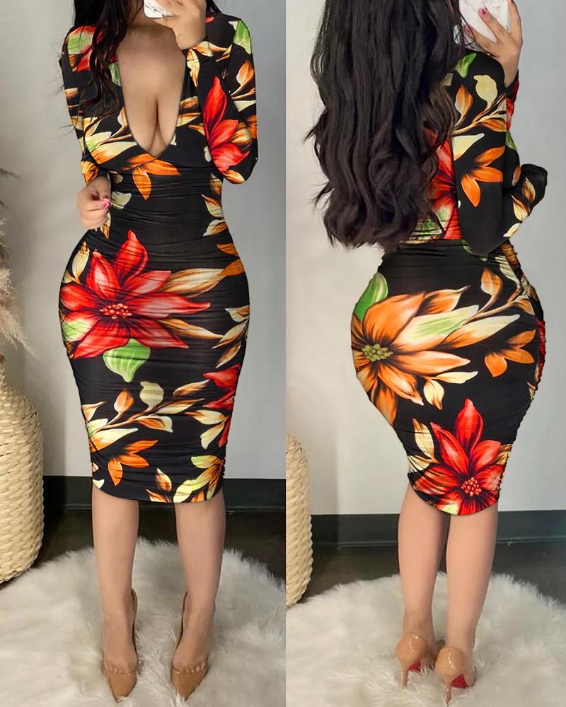 

Floral Print Long Sleeve Ruched Bodycon Dress, Multicolor