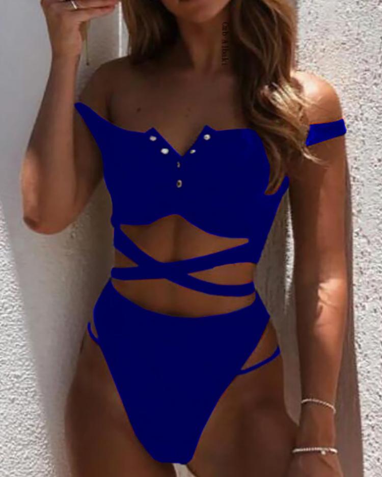 

Snap-Button Detail Crisscross Bandage Bikini Sets, Blue