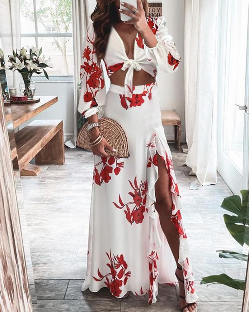 

Floral Print Knot Front Crop Top & Ruffle Hem Split Thigh Skirt Set, White