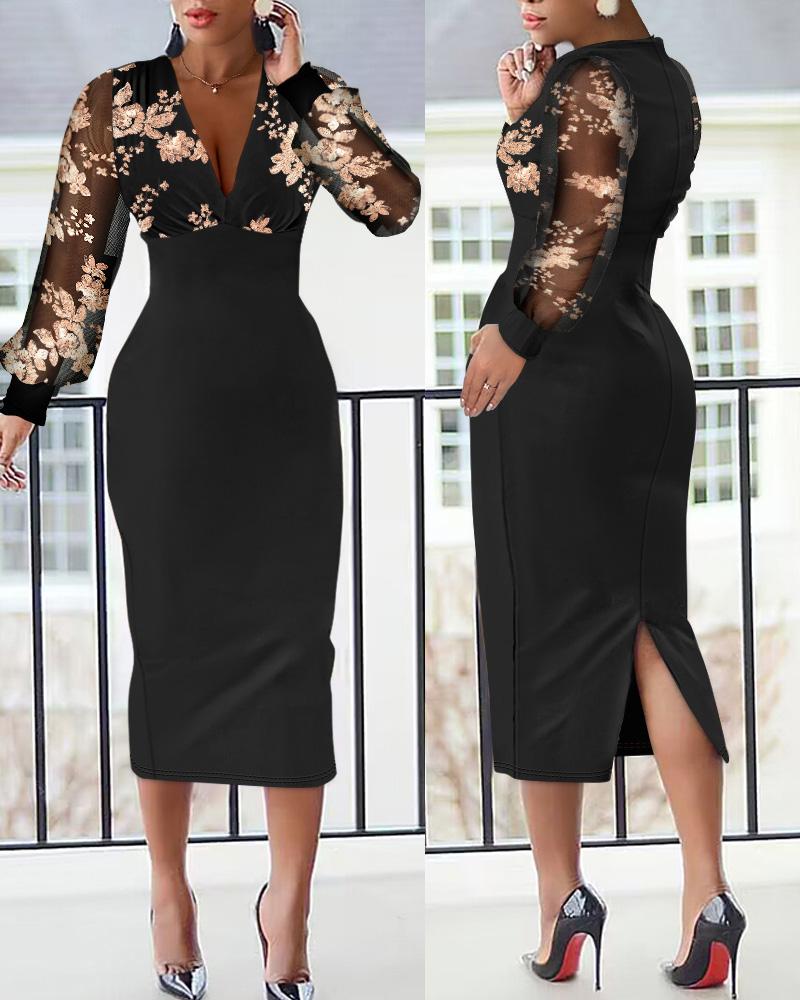 

Sequin Floral Sheer Mesh Slit Work Dress, Black