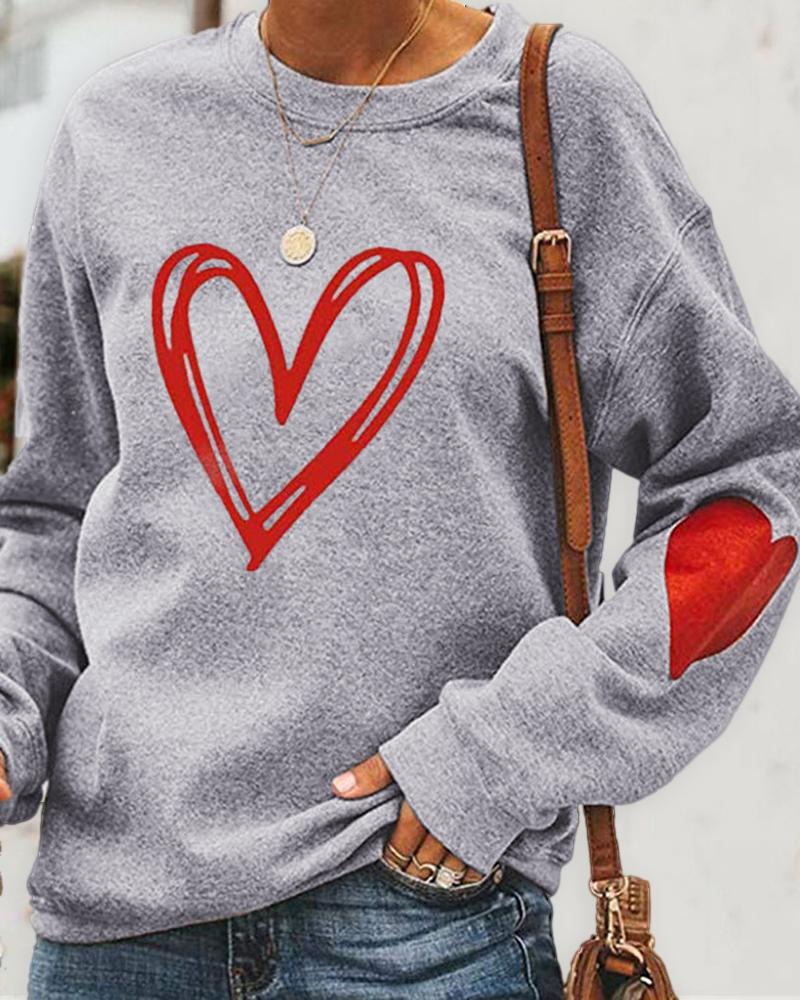 

Heart Print Long Sleeve Casual Sweatshirt, Gray