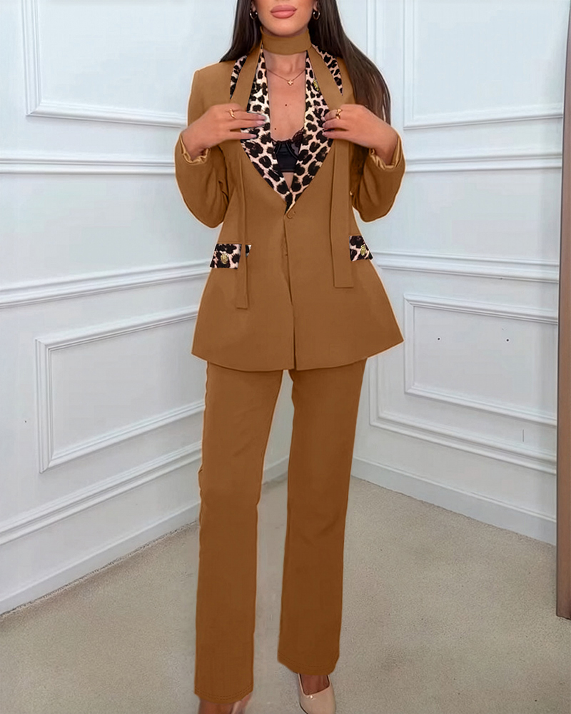 

2 Pieces Outfit Metal Decor Leopard Print Spliced Shawl Collar Single Breasted Flap Detail Coat and Zipper Fly Pants Set Casual Blazer Set with Utility Belt, Coffee